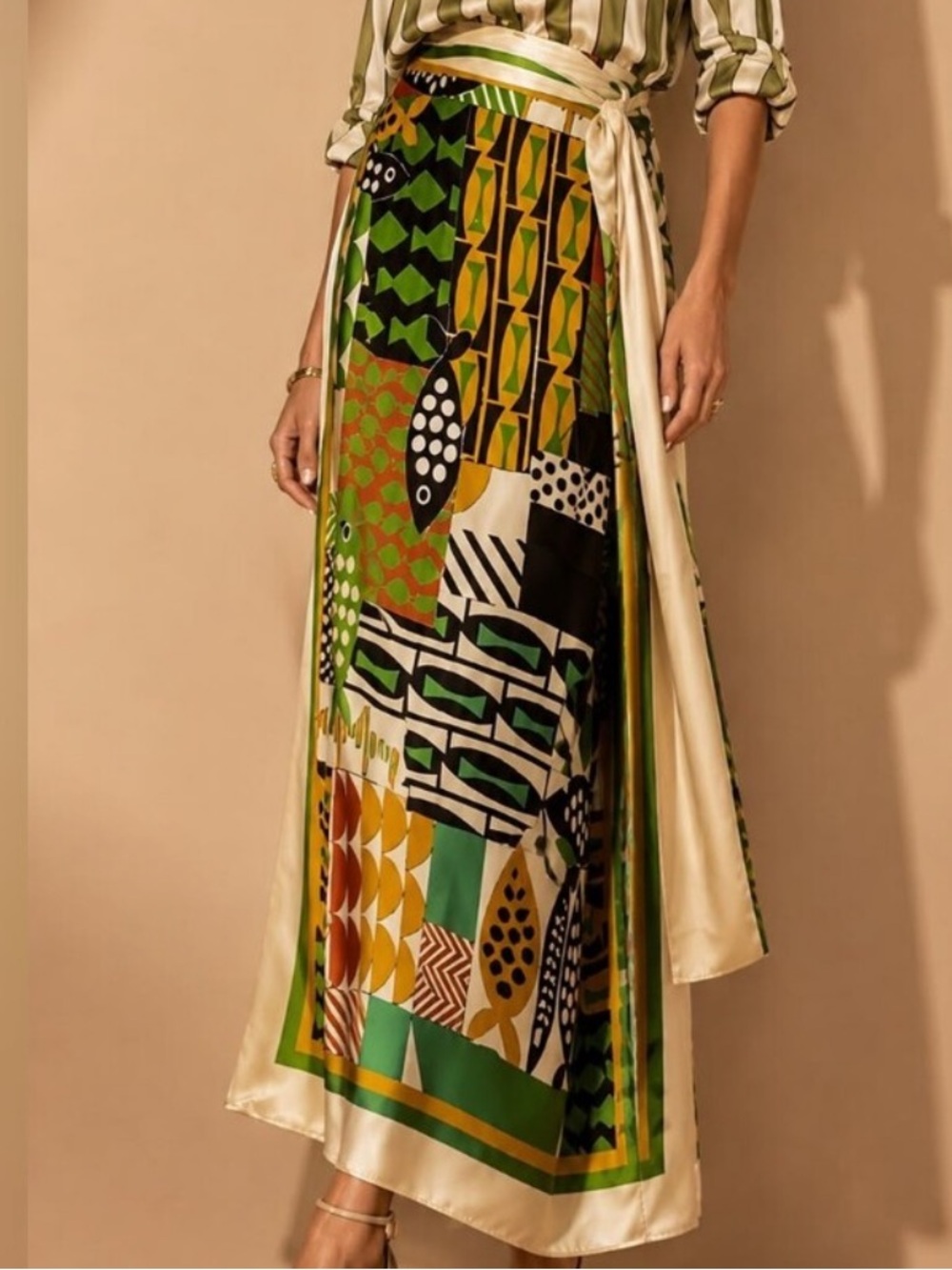 Silky Green Multi-Print Wrap Maxi Skirt